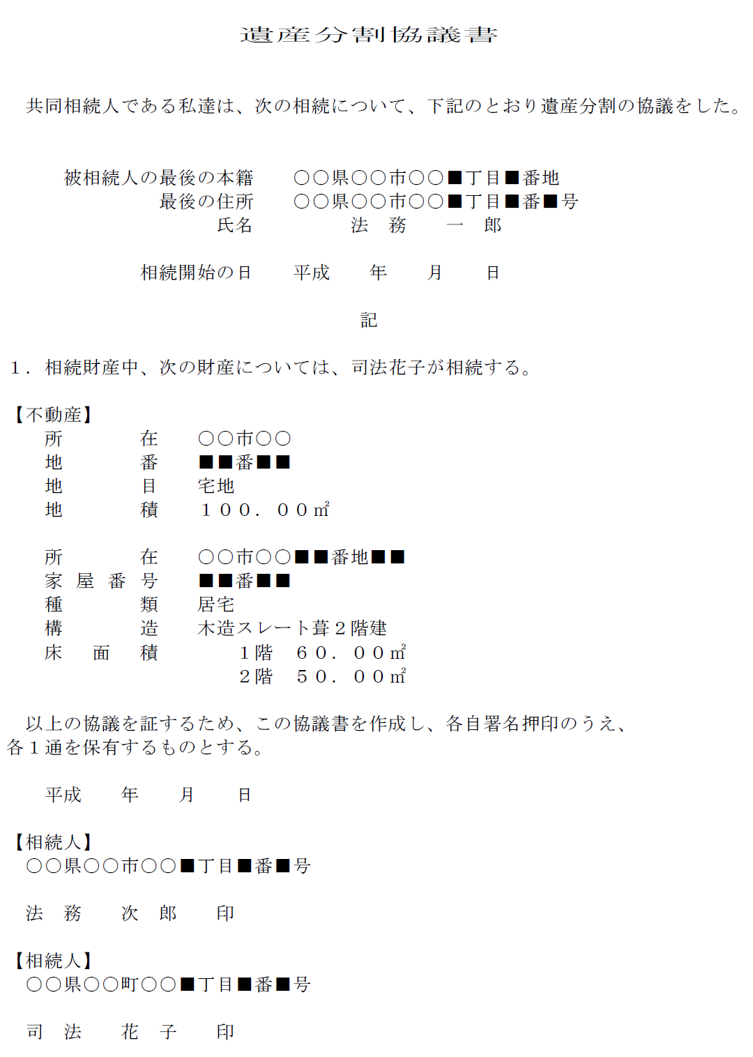 不動産相続による遺産分割協議書見本・ひな型