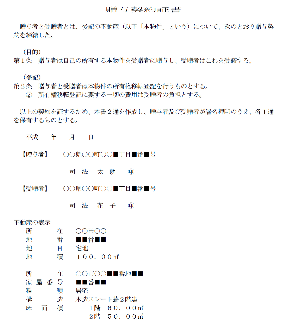 不動産贈与による贈与契約書見本・ひな型